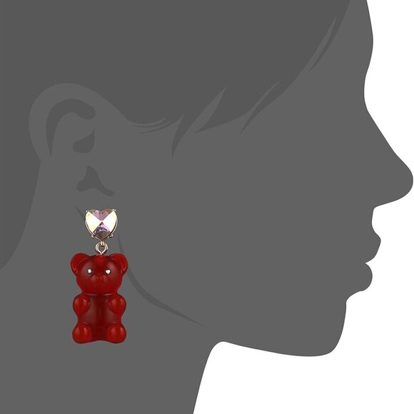 Women's Drop Earrings Glass Plastic Heart Gummy Bear Gold-Tone 2" - Picture 3 of 3
